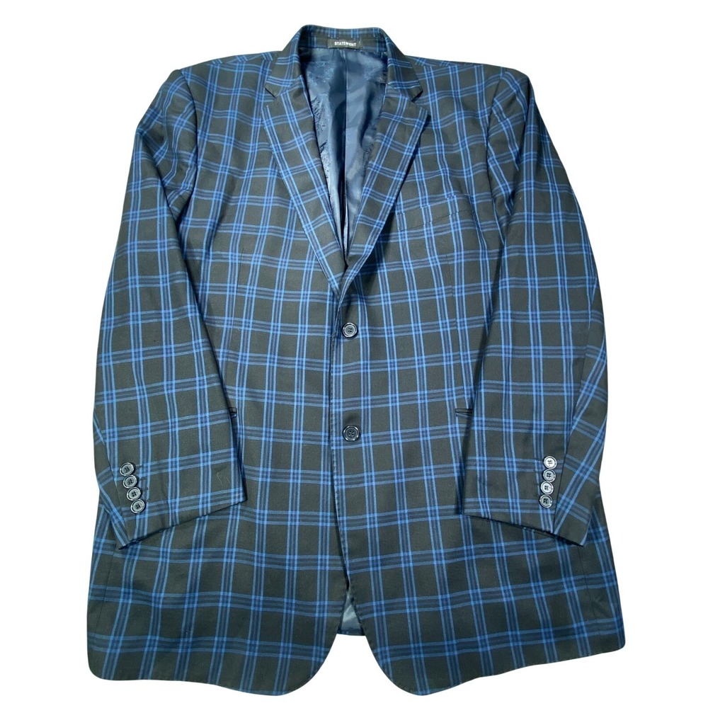 Statement Blazer Blue Plaid 48L Italy Super 150s Wool Windowpane Sport Coat Suit